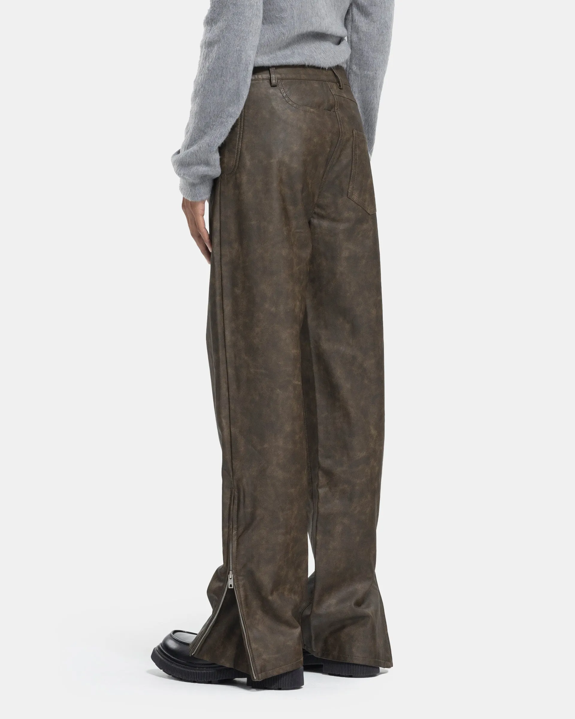 Asymmetric Washed Leather Pants in Dark Brown