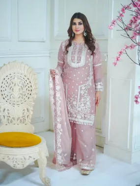 Elegant Dusky Pink Embroidered Chiffon Suit with Intricate Detailing