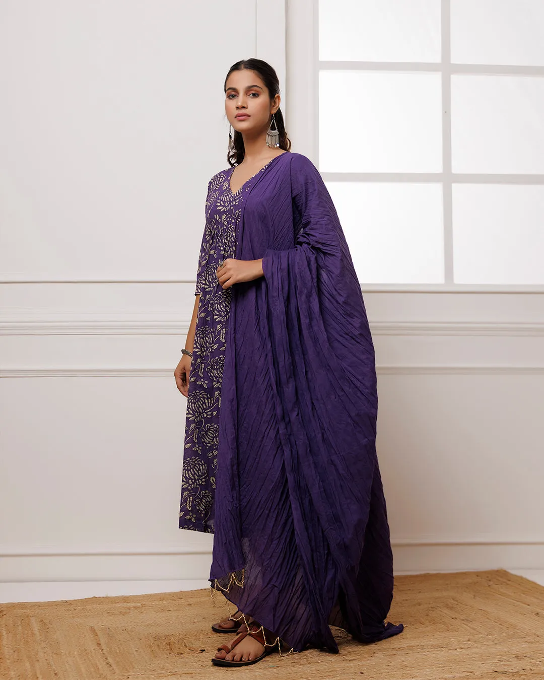 Ghazal Violet Dabu Hand Block Printed Mul Gathered Suit Set