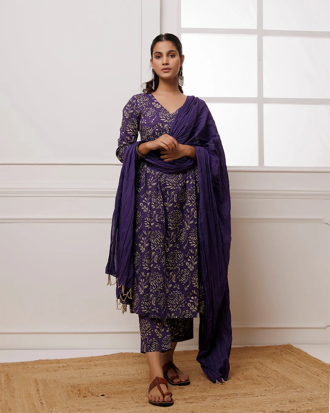 Ghazal Violet Dabu Hand Block Printed Mul Gathered Suit Set