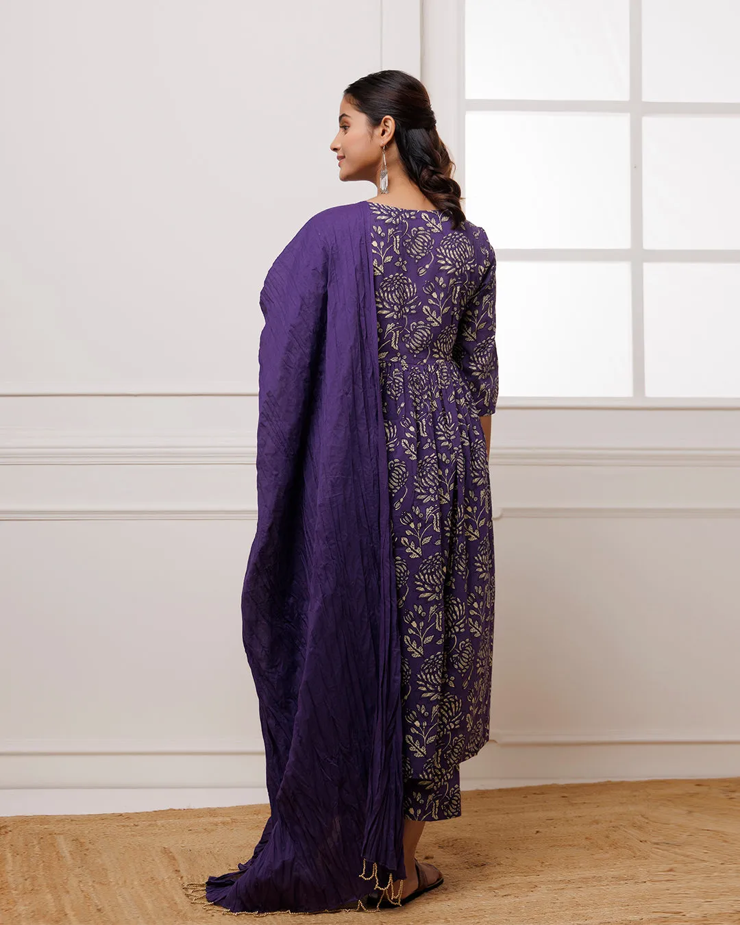 Ghazal Violet Dabu Hand Block Printed Mul Gathered Suit Set