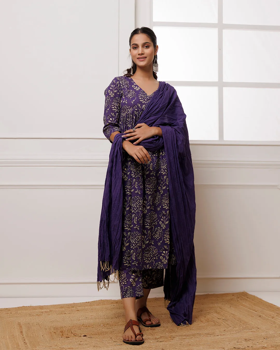 Ghazal Violet Dabu Hand Block Printed Mul Gathered Suit Set