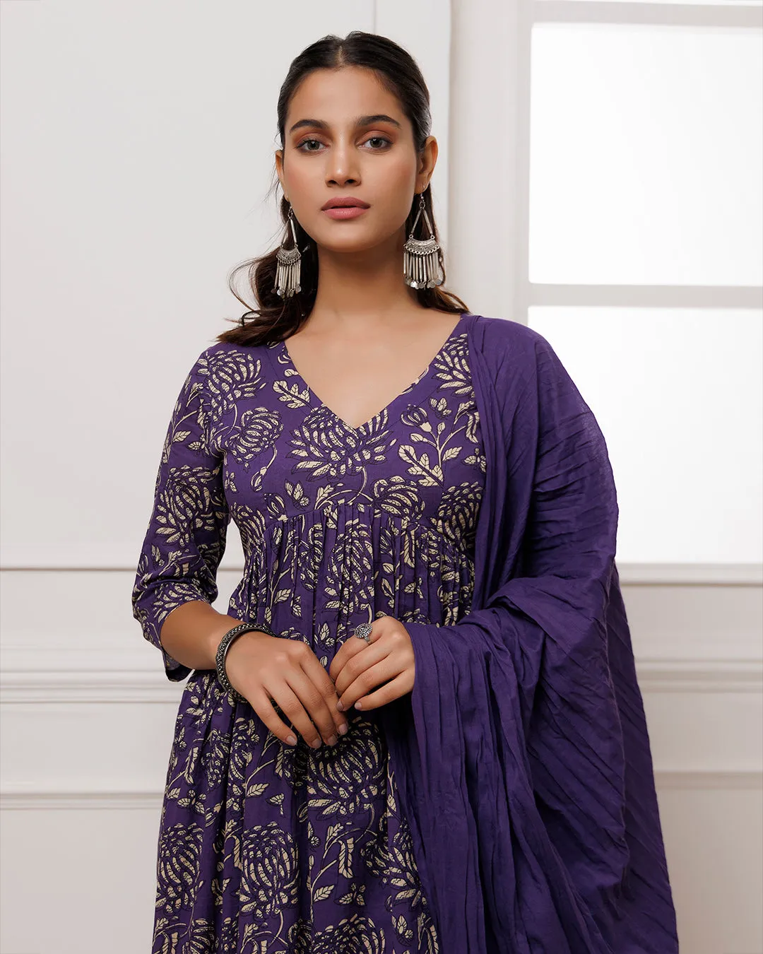 Ghazal Violet Dabu Hand Block Printed Mul Gathered Suit Set