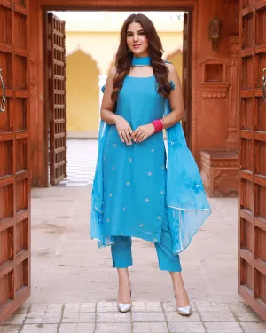 Heer Turquoise Hand Embroidered Silk Kurta Pant with Hand Painted Dupatta