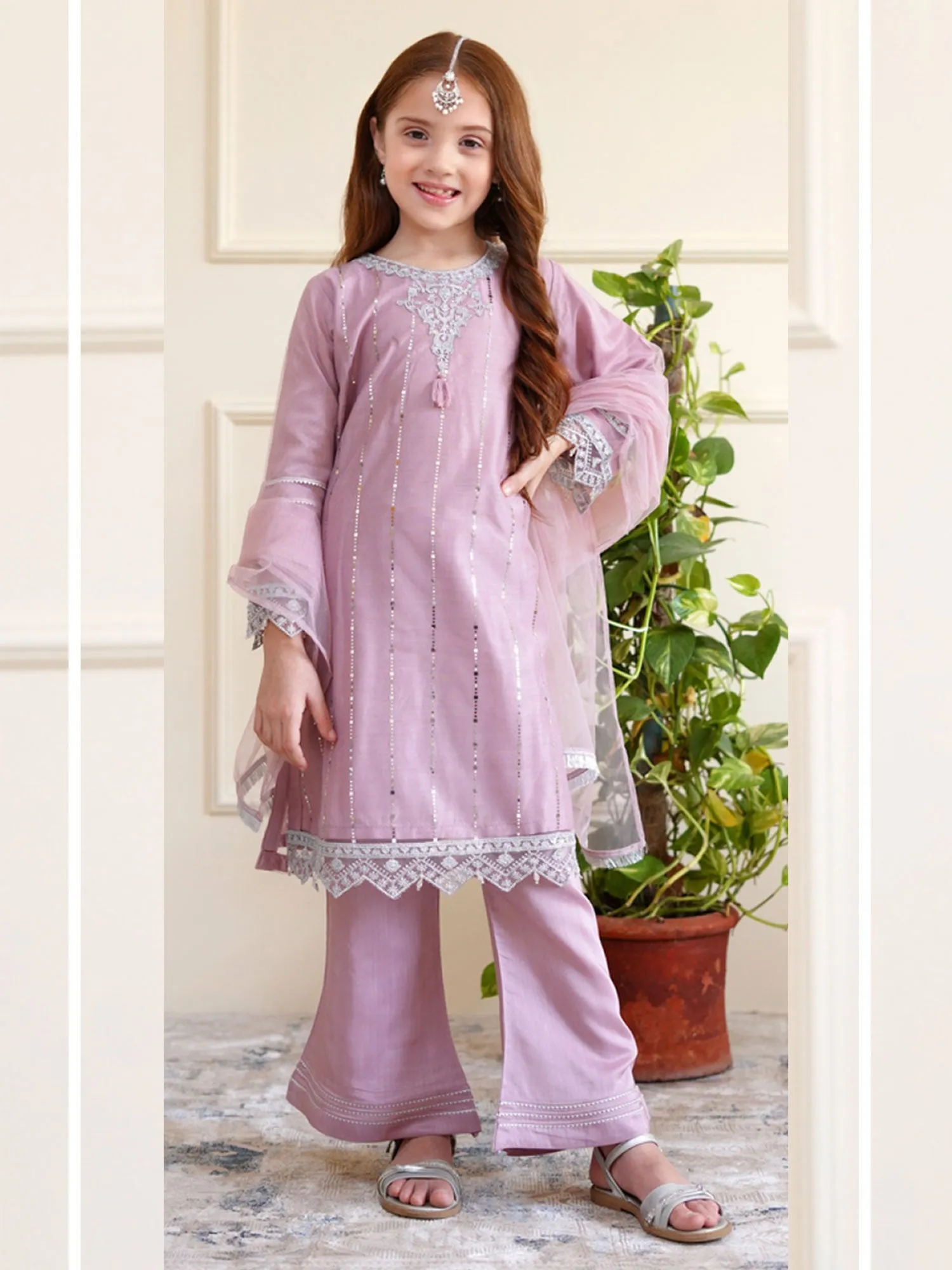 Kids Lilac Embroidered Net Suit