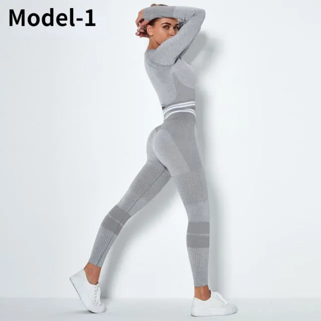 Women Seamless Gym Sets High Waist Gym Mesh Leggings Shirts Suit Long Sleeve Fitness Workout Sports Running Thin Sport Sets