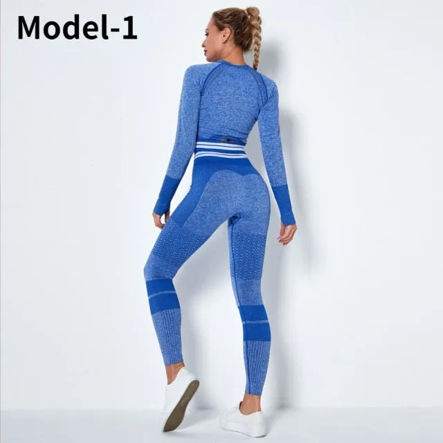 Women Seamless Gym Sets High Waist Gym Mesh Leggings Shirts Suit Long Sleeve Fitness Workout Sports Running Thin Sport Sets