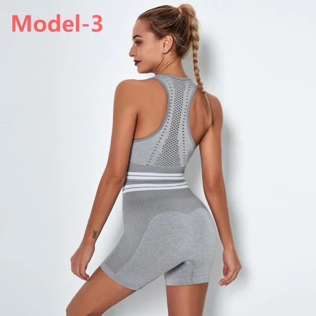 Women Seamless Gym Sets High Waist Gym Mesh Leggings Shirts Suit Long Sleeve Fitness Workout Sports Running Thin Sport Sets