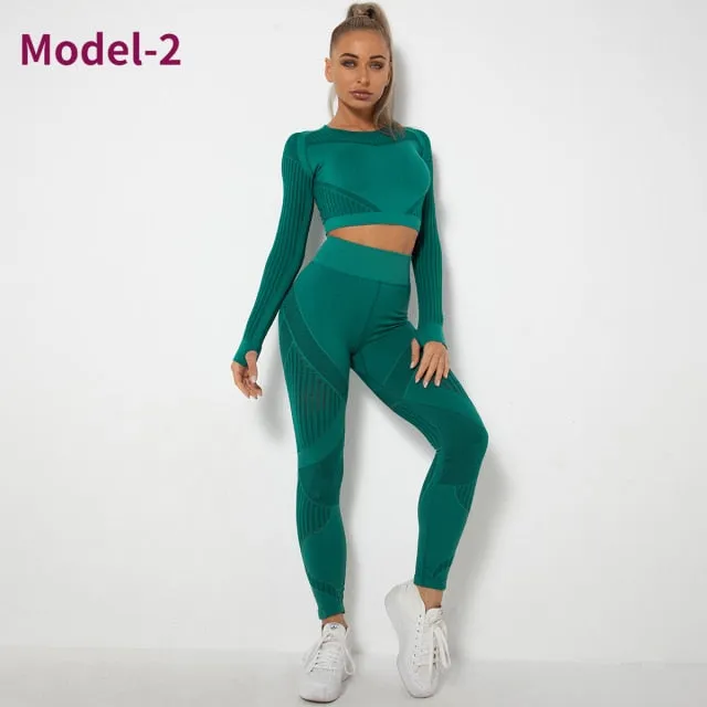 Women Seamless Gym Sets High Waist Gym Mesh Leggings Shirts Suit Long Sleeve Fitness Workout Sports Running Thin Sport Sets