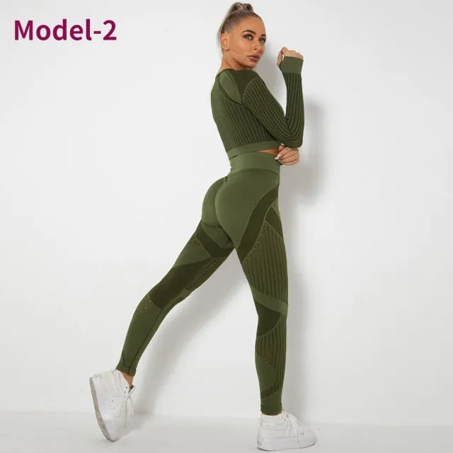 Women Seamless Gym Sets High Waist Gym Mesh Leggings Shirts Suit Long Sleeve Fitness Workout Sports Running Thin Sport Sets